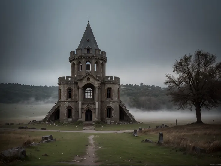 Produce an 8K ultra-HD image of an ancient, abandoned castle on a foggy hill, with an eerie, almost magical ambiance. The castle should appear both haunting and inviting, inviting viewers to explore its mysteries.