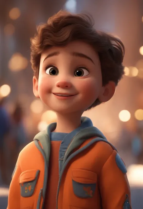 a happy cute kid standing short hair, vestindo uma fantasia espacial, , fundo branco, barnet, Tom, Estilo Pixar, ....3d, desenhos animados, rosto detalhado, asymmetrical 16k