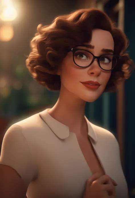 Pixar style image with 3D character white glasses brunette woman short curly hair on shoulder, Maquiagem Disney, sorridente ,Close-up, Pixar, Disney, Cinema lighting,