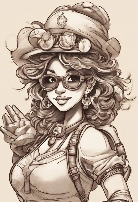 arte altamente detalhada, close up retrato selfie, sepia ink, Uma menina negra, Dreadlocks Afro, Corpo Perfeito, roupa sexy renascentista, Face larga, Steampunk Aviation Sunglasses, sorriso sexy bonito, Chapped lips, pose sexy