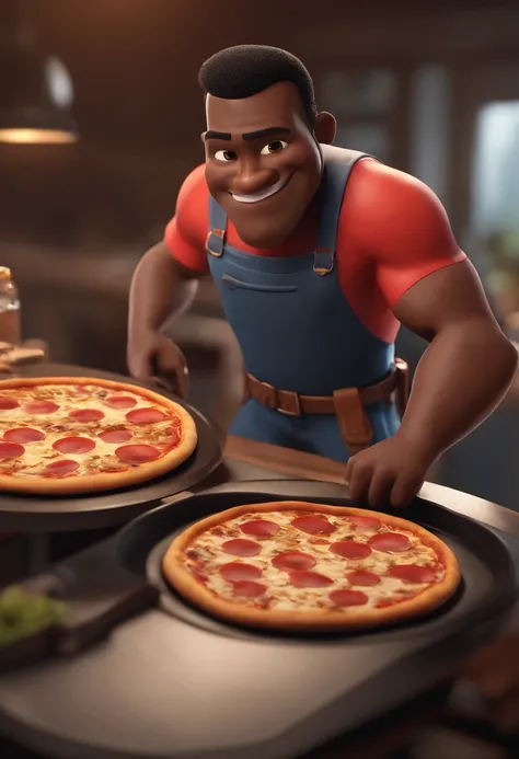 personagem dos desenhos animados de um homem negro com com capacete preto pretos e uma camisa manga longa vermelha e preta carregando uma mochila de pizza, animation character, Caractere estilizado, animation style rendering, 3D estilizado, Arnold Maya ren...