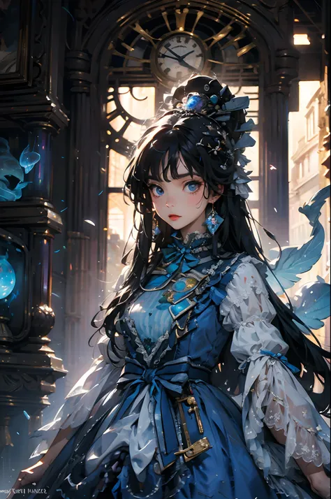 there was a woman in a blue dress holding a clock, goddess of time, full portrait of elementalist, portrait of a female mage, ku...