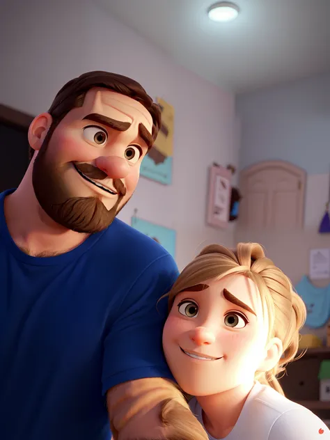 Homem com barba e   menina  de cabelo ruivo, Estilo Pixar, boa qualidade, melhor qual