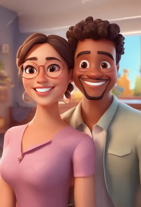 An illustration of an adorable couple, Highlight for a chubby mulatto man with glasses smiling and a brunette woman with beautiful expressive eyes - the mans skin is mulatto and the mans hair haswhile the womans skin is black and the womans hair is straigh...