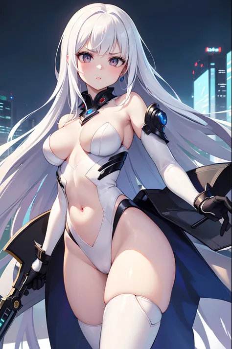 masterpiece, highest quality, (solo focus), (perfect face:1.1), (high detail:1.1),dramatic, 1girl, (pale skin), long white hair, white eyes, solo, long hair, medium breasts moon, night, white luxury suit, covered navel, pouty lips, covered, futuristic city...