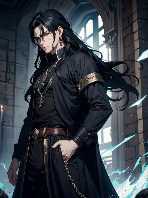 anime powerful man, dark lord, long wavy black hair, several earrings, medieval black clothes, silver jewelry