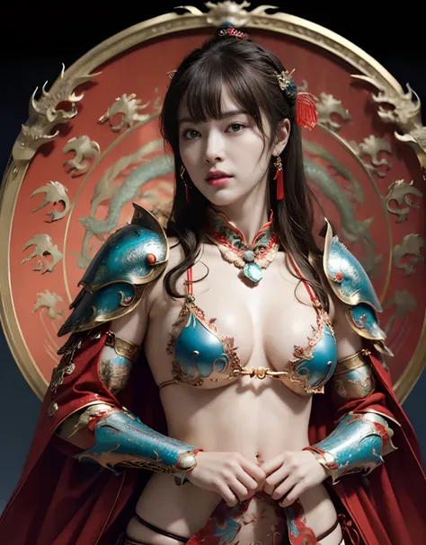 top-quality、​masterpiece、超A high resolution、(Photorealsitic:1.4)、Raw photo、女の子1人、(((Chinese dragon background))),（Armor with beautiful patterns in every detail）、(((heavy breasts))),glowy skin、Cliff background、Large mountain ranges、falls、(Random hair),(((De...