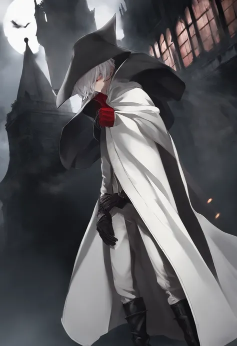 1 boy, short white hair, red eyes, white skin, white hat, long black cloak, black leather pants, black leather boots, black leather fingerless gloves, anime