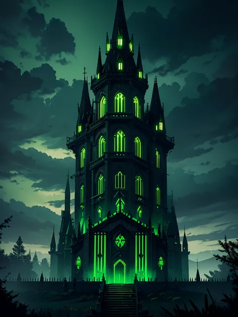 Dark Castle with Green Lights, Green and black color palette, Dark and gloomy style, Green Demon Lights, Exterior view