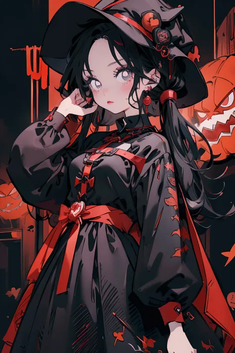 in a red dress，anime girl in black cape and black hat, style of anime4 k, in a halloween style, gothic maiden anime girl, kawasi...