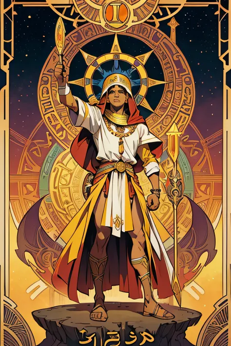 man, Egypt, Alphonse Mucha, Tarot cards, Yellow sky, shaman, Full-body stand, Red veil, Right hand holding mace., hand up., Left hand pointing to the floor.., White shirt, Straight head, face detail