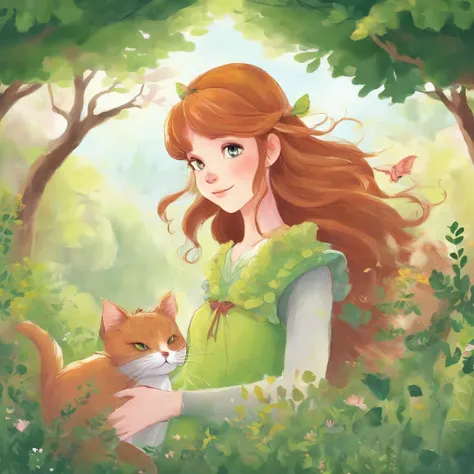 Upshot　A park full of greenery　Chestnut-haired girl and gray cat with forehead and forehead combined　Fantastic and happy feeling　The overall design is classical and the color is strong green　Picture book illustrations