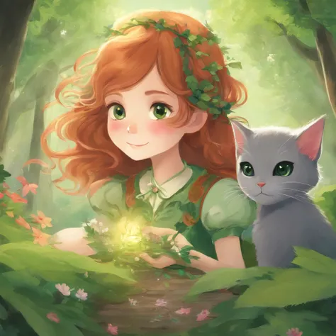 Upshot　A park full of greenery　Chestnut-haired girl and gray cat with forehead and forehead combined　Fantastic and happy feeling　The overall design is classical and the color is strong green　Picture book illustrations