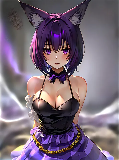 A girl with a clown outfit with black and purple hair with fox ears and purple eyes