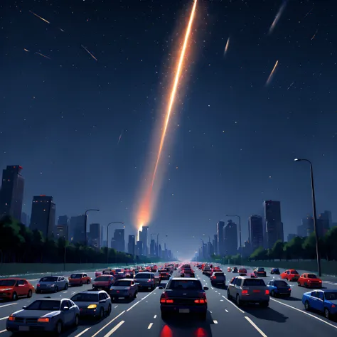 (Pixel art:1.5), (pixel theme:1.5), (fantasy:1.5), (meteor:1.5), (A meteorite passes over a car on the Metropolitan Expressway:1.5), (Metropolitan Expressway:1.5), (meteorite:1.5), (starry night sky:1.5),(A swarm of cars escaping from the capital:1.5), (co...