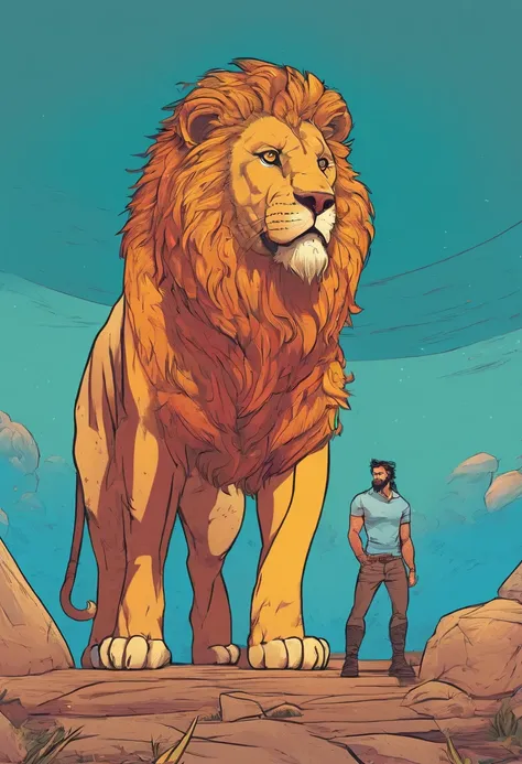 um homem musculoso e barbudo, Standing in front of a lion.