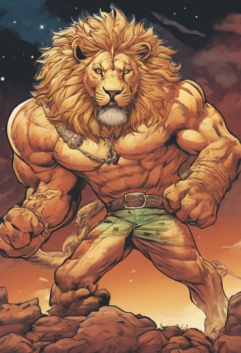 um homem musculoso e barbudo, Standing in front of a lion.