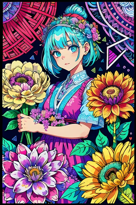 (ultra-detailed background, detailed background), absurdres, highres, ultra detailed, extremly detailed, 1girl, (bunch of flowers:1.3), (zentangle:1.2), (geometric:1.2),(colorful),