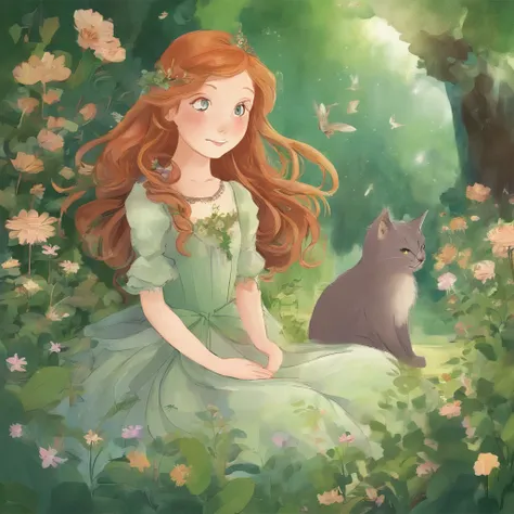 Upshot　A park full of greenery　Chestnut-haired girl smiling at a grey cat　Fantastic and happy feeling　a lot of flower　The overall design is classical and the color is strong green　Picture book illustrations