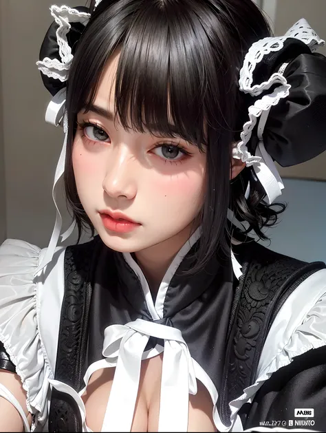 Image of a woman with a black and white dress and a black and white hat, preto hime corte cabelo, branco hime corte penteado, Menina anime na vida real, 1 7 - year - old anime goth girl, Menina anime em um traje de empregada, com rabo-de-porco preto, Anime...