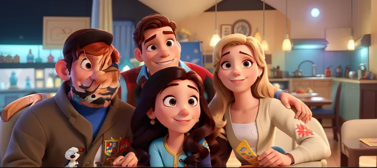 Casal (homem moreno e mulher branca) no estilo Disney Pixar, alta qualidade, melhor qualidade.