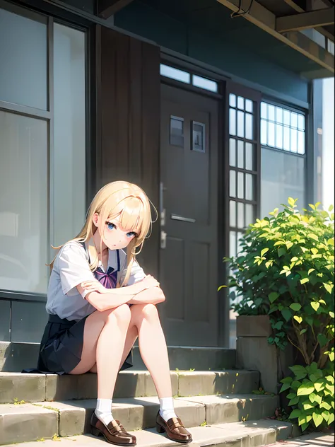 blond haired girl in a short skirt and white shirt sitting on a step, hyperrealistic schoolgirl, a hyperrealistic schoolgirl, seductive anime girl, beautiful anime high school girl, the anime girl is crouching, realistic schoolgirl, beautiful anime girl sq...