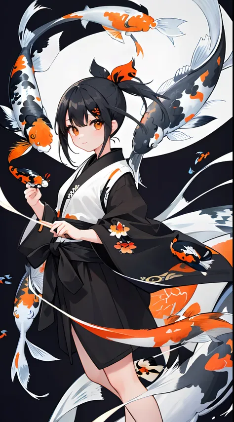 art nouveau of a girl, black ponytail, complex background, flying fish, (koi colors:1.3), [red theme|black theme]