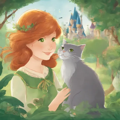 Upshot　A park full of greenery　Chestnut-haired girl smiling at a grey cat　Fantastic and happy feeling　The overall design is classical and the color is strong green　Picture book illustrations