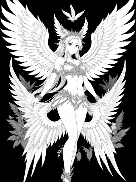 a drawing of a fairy with wings and a bird, angewomon from digimon, intense line art, inka harpy girl, harpy, as a mystical valkyrie, fiery battle coloring, bold lineart, lithoraph engraving, harpy woman, simple lineart, black and white line art, line art ...