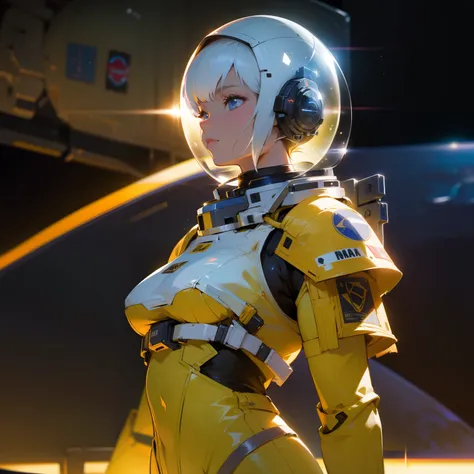 top quality, ultra high resolution, (photorealistic: 1.4), jumpsuit, sci-fi space background, circuit plate mail, medium breasts...