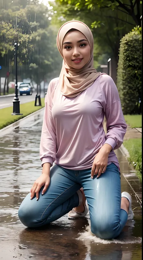 RAW, Best quality, high resolution, masterpiece: 1.3), beautiful Malay woman in hijab (iu:0.8),Best quality, high resolution, Masterpiece: 1.3, Beautiful  hijabi malay girl, Masterpiece, Soft smile,Beautiful Malay women wear pastel color hijab kneeling in ...