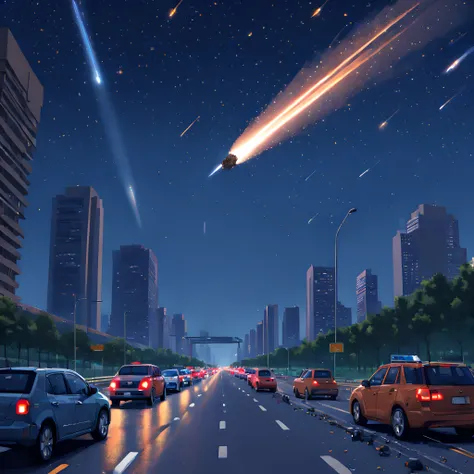 (Pixel art:1.5), (pixel theme:1.5), (fantasy:1.5), (meteor:1.5), (A meteorite passes over a car on the Metropolitan Expressway:1.5), (Metropolitan Expressway:1.5), (meteorite:1.5), (starry night sky:1.5),(A swarm of cars escaping from the capital:1.5), (co...