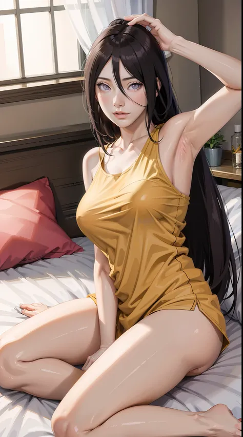 hyuuga hanabi, long hair tied low, hair band, hana, purple eyes, beautiful, beautiful woman, perfect body, perfect breasts, wearing a big 
colourful t-shirt, red panties, in bed, bedroom, bed, sitting on the bed sleeping, looking at the viewer, slightly sm...