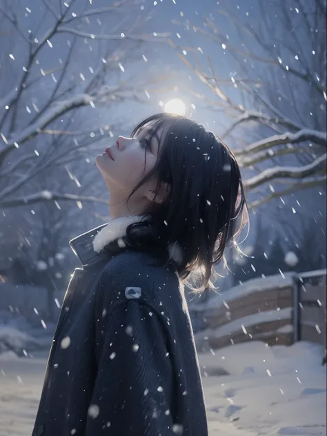 (Best quality, 8k, 32k, Masterpiece, UHD:1.2), Photo of Pretty Japanese woman, medium size breasts, bob hairstyle, sexy girl, leather coat, snowing, dramatic lighting