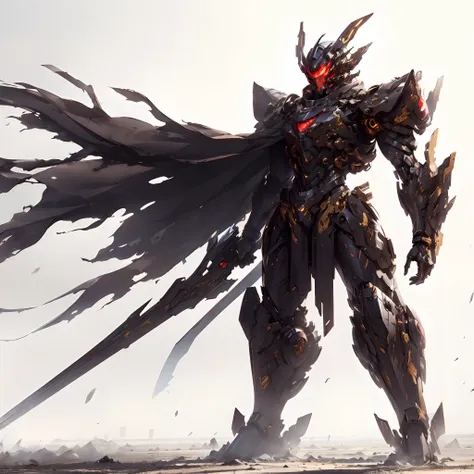 (masutepiece, best quality), ultra-detailed, anime style, full body, new exclusive mobile suit, burnt black armor with gold acce...