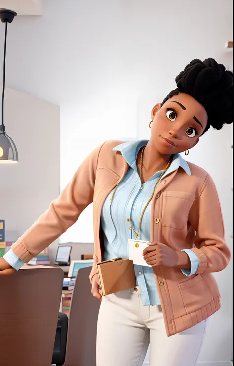 A black woman in a real estate office with shelves in the background artificial light.