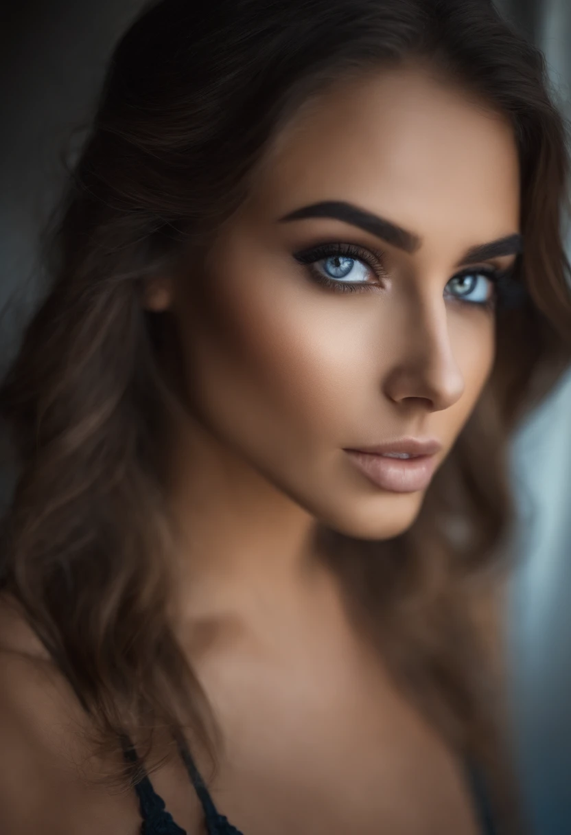 Chica sexy con ojos azul cielo, ultra realista, meticulosamente detallado, brown hair and large eyes, selfie de una mujer joven, Ojos de Dubai, Violeta Myers, sin maquillaje, Maquillaje natural, staring directly into camera, cara con artgram, maquillaje su...