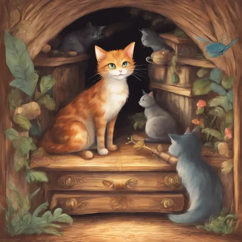 Cat tunnel at the back of the chest of drawers　Fantastic atmosphere　Picture book illustrations