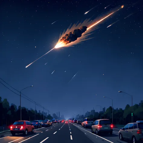 (Pixel art:1.5), (pixel theme:1.5), (fantasy:1.5), (meteor:1.5), (A meteorite passes over a car on the Metropolitan Expressway:1.5), (Metropolitan Expressway:1.5), (meteorite:1.5), (starry night sky:1.5),(A swarm of cars escaping from the capital:1.5), (co...