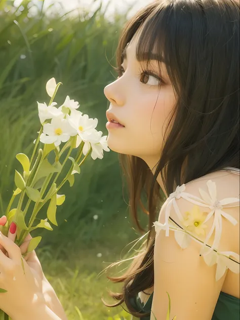 (Best quality, 8k, 32k, Masterpiece, UHD:1.2), Photo of Pretty Japanese woman, medium size breasts, bob hairstyle, sexy girl, garden, flowers, dramatic lighting