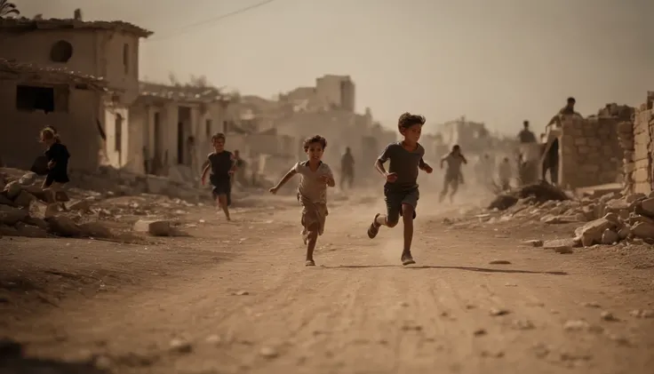 Several children running away from Israeli soldiers and theres is destroyed houses on the background and injured civilians make it more cinematic and real