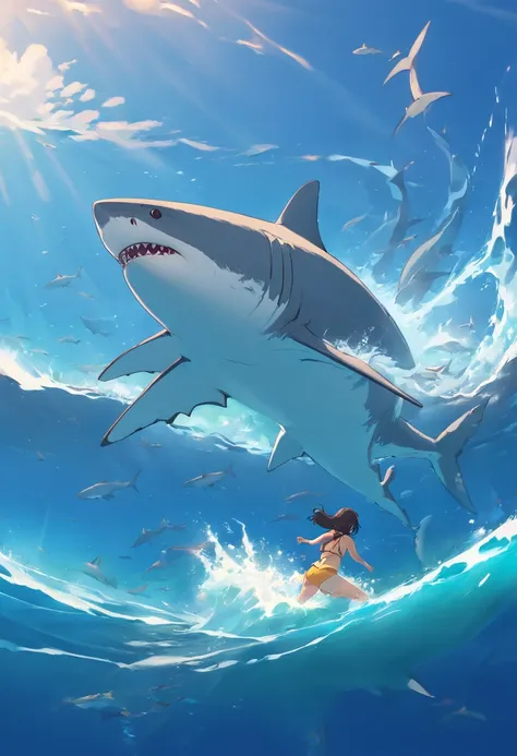 Great white shark，Cartoony，，Lots of great white sharks，No Man，No woman high high quality，Five sharks in the sea，