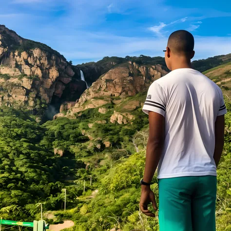 Theres a man standing on a hill looking at a valley, em frente a uma montanha, cachoeiras ao fundo, Moutain no fundo, Olhando para as montanhas, em frente a uma cachoeira, amidst nature, cachoeira ao fundo, Selvas ao fundo, Belas vistas, Montanhas ao fundo...