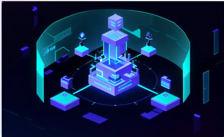 Close-up of the clock，There is a bunch of equipment around, cyber security polygon, automated defence platform, blockchain vault, cyber space, Cyber architecture, hextech, Feature, isometric design, isometric futuristic game, 2 d cg, advertisement picture,...