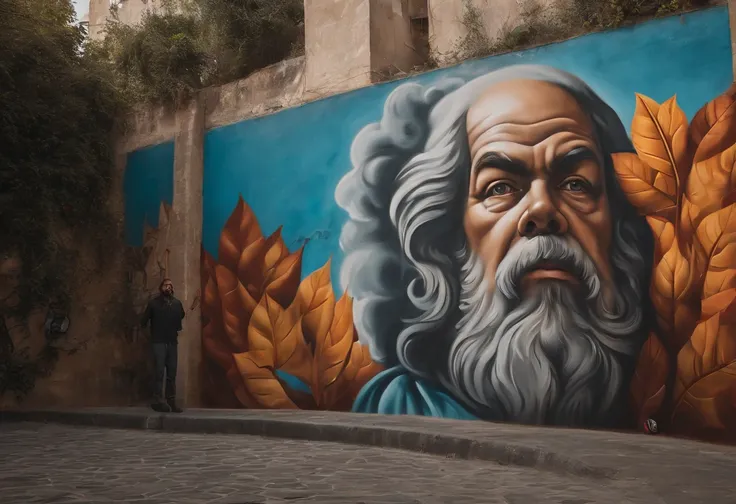 Socrates graffiti and leaves on a wall, Arte callejero 8 K, Impresionantes obras de arte, por Tony Sart, por NEVERCREW, por Galen Dara, Arte callejero, Hermosa obra de arte digital, por Camilo Egas, pintado en una pared gigante, Amazing artwork, by Matteo ...