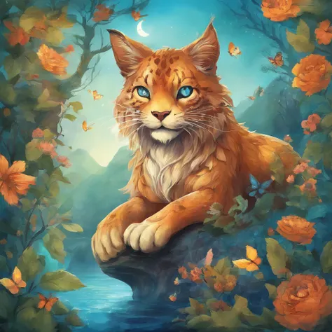 A big cat with a wide split mouth and a smile　Fantastic atmosphere　Picture book illustrations　Overall, the color is strong blue