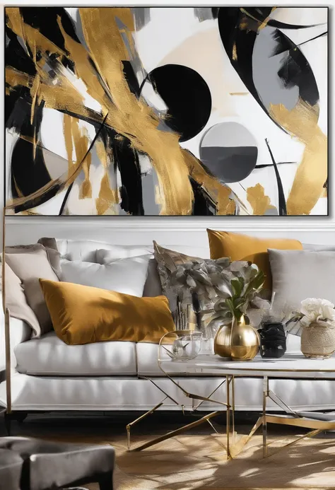 Black, gold, greys　Abstract mural　Canvas painting、Black, white and grey with some gold leaf、abstracted、modern fine art　Scratch　an oil painting