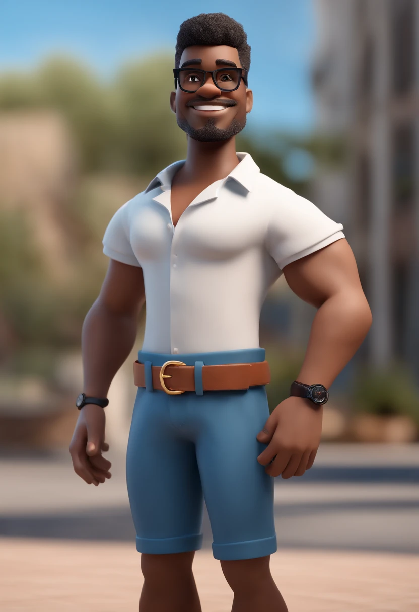 Cartoon character of a black man wearing black glasses, barba , sem cabelo e uma camisa azul, um personagem animado, Caractere estilizado, animation style rendering, 3D estilizado, Arnold Maya render, 3 d render stylized, toon render keyshot, Personagem 3D...