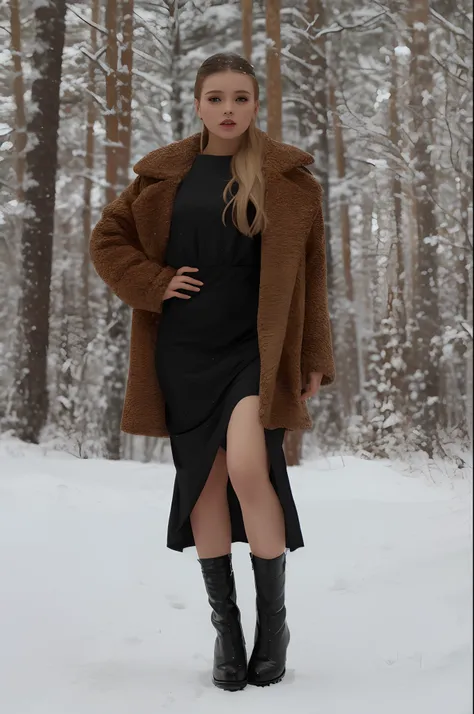 Woman in black dress and brown coat, Standing in the snow against the background of trees, a full portrait of nordic female, in a long black winter coat, White Russian clothes, yelena belova, full - body:: Snow outside::, The style of Yulia Razumova, dasha...