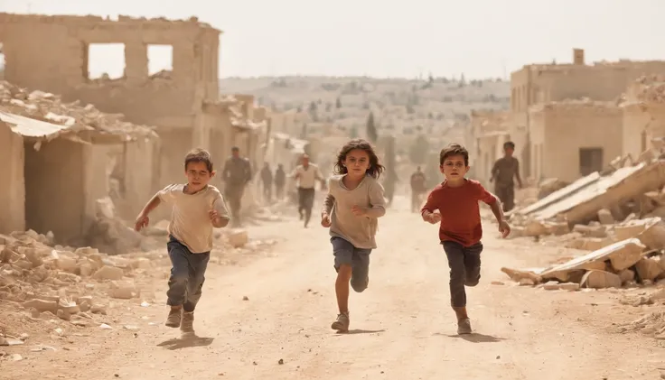 Several children running away from Israeli soldiers and theres is destroyed houses on the background and injured civilians make it more cinematic and real